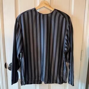 Ellen Tracy Vintage Black Gray Striped Silk Blouse 10 EUC 1990s Corporate Wear